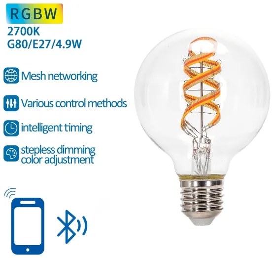 Bec LED RGBW Aigostar FILAMENT G80 E27/4,9W/230V 2700K
