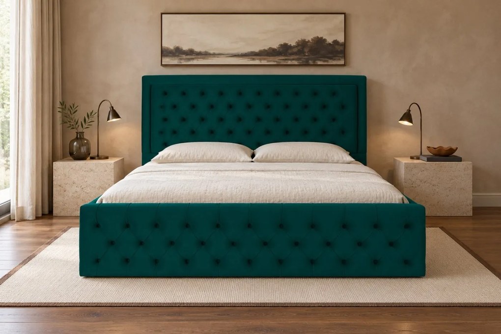 Pat tapițat Chesterfield din catifea Ophelia Deluxe 200×200 cm, verde, cu ladă de depozitare