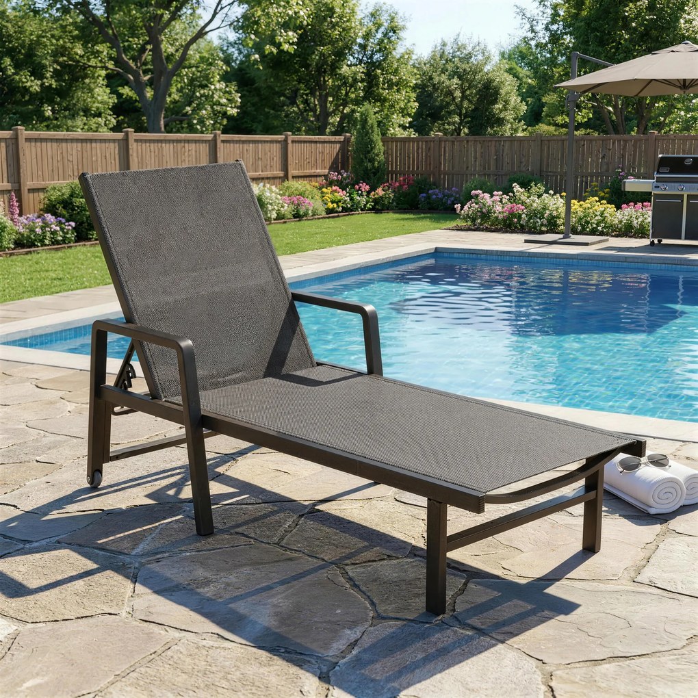 Outsunny Șezlong de grădină din textilenă și aluminiu, reglabil în 4 poziții cu roți și brațere, 65x189x80cm, Gri închis | Aosom Romania