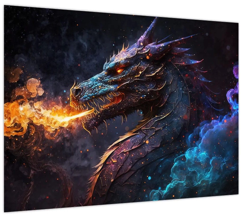Tablou pe sticlă - Dragon scuipând flăcări (70x50 cm)