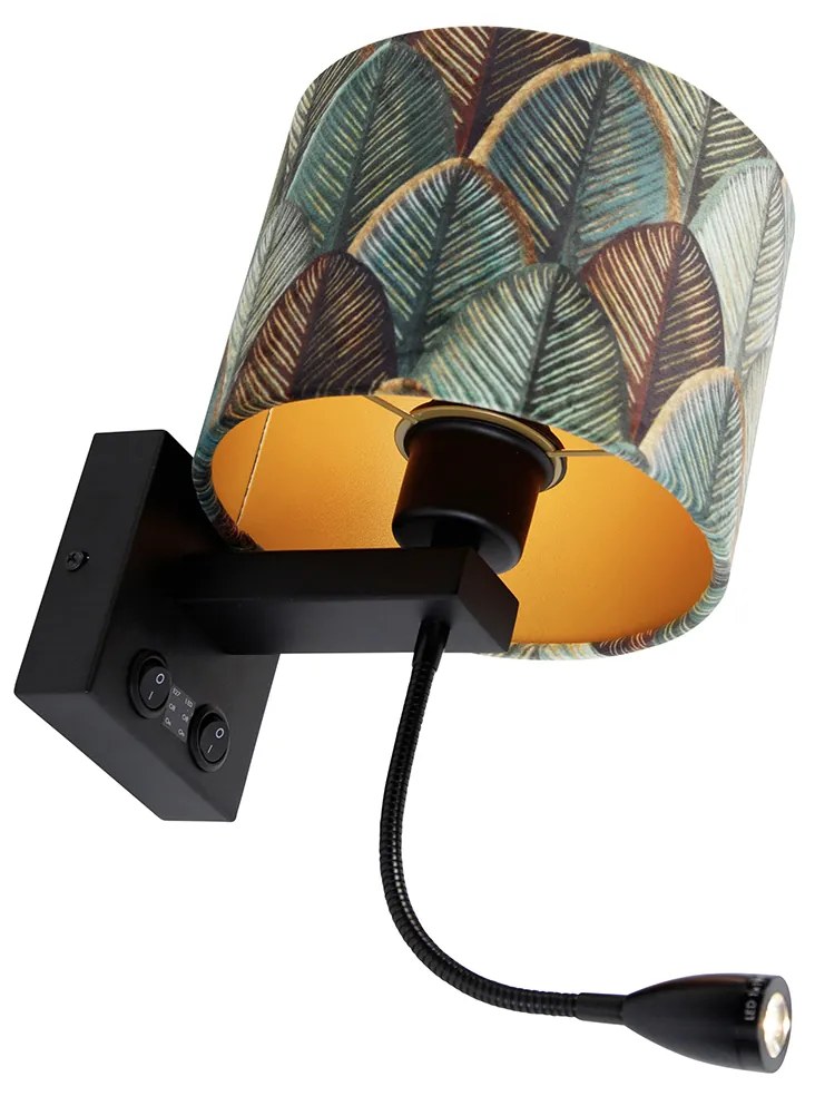 Aplică neagră cu abajur din catifea, design frunze și interior auriu - Brescia Combi