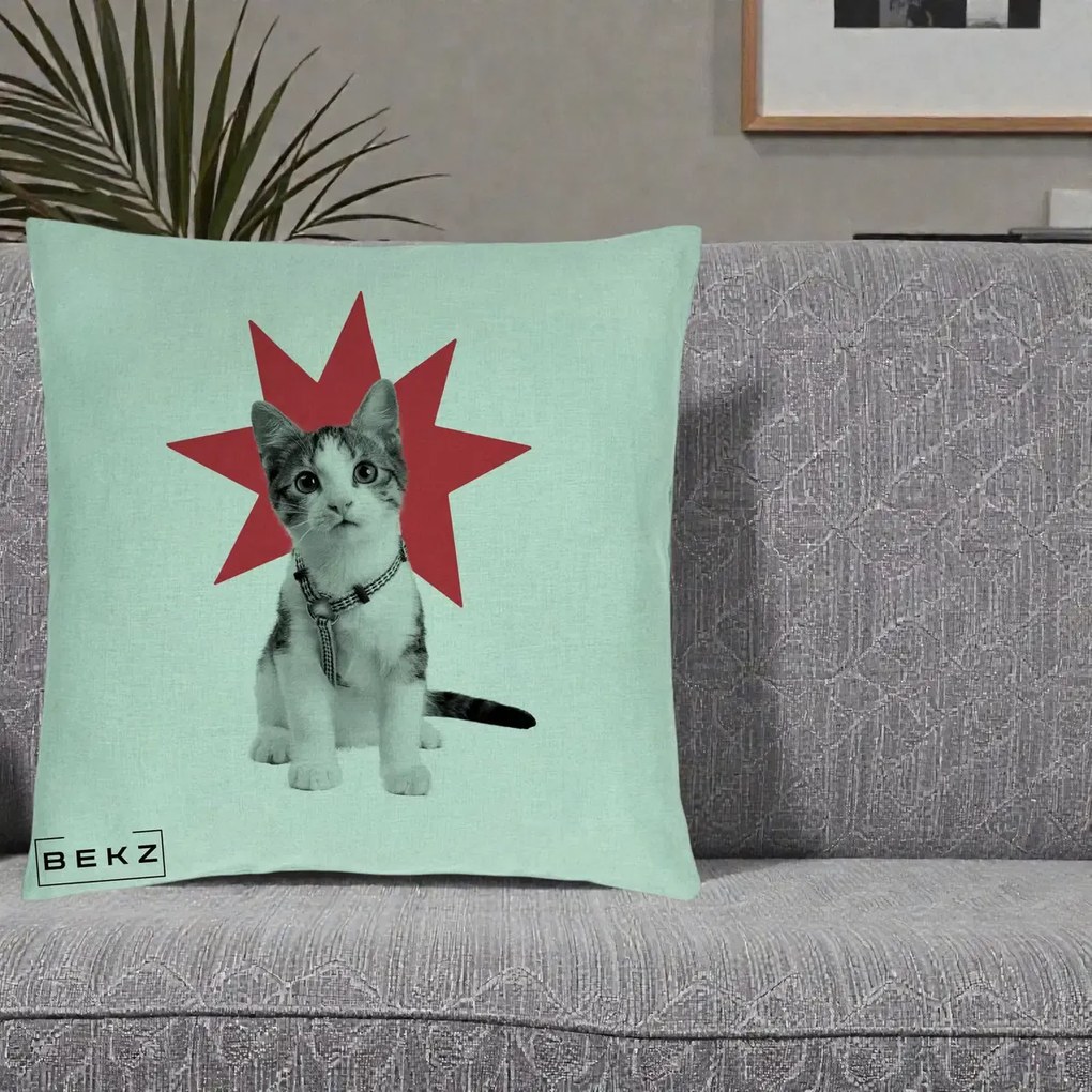 Perna Decorativa Pisica Star Pop Art, 40x40 cm, Verde Menta, Husa Detasabila, Perna Inclusa, BEKZ®