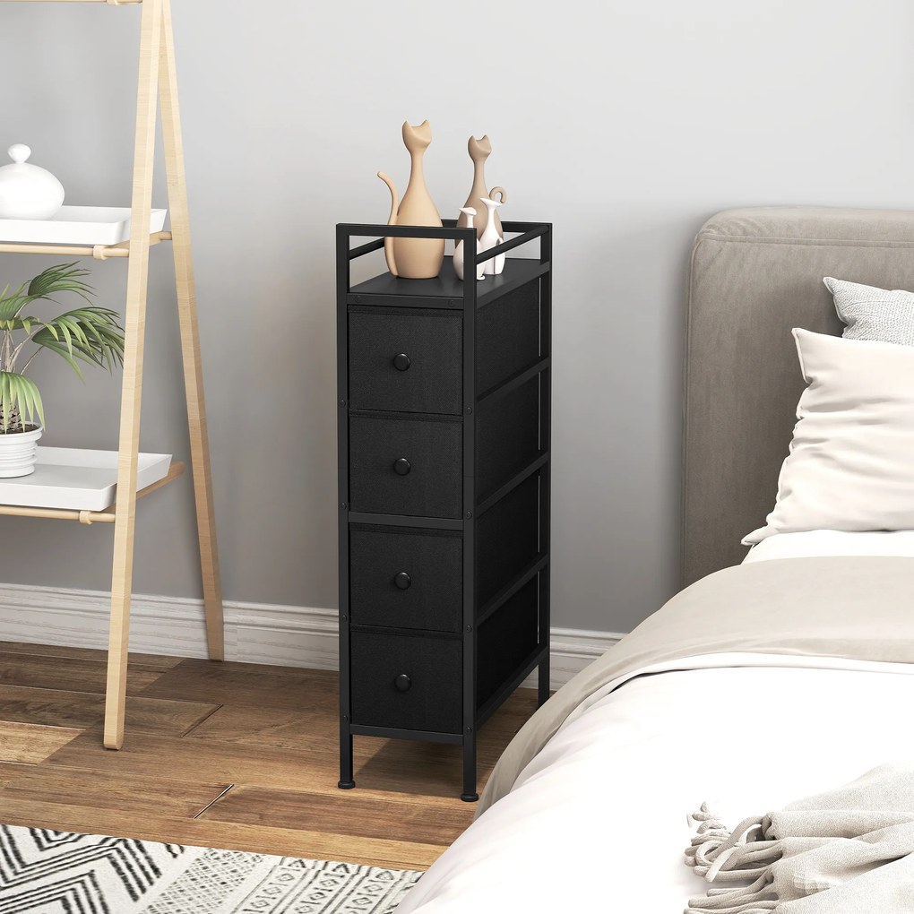 HOMCOM Comodă dulap cu 4 sertare din material textil, dulap de depozitare cu cadru din oțel, 20cm x 43cm x 81,5cm, Negru | Aosom Romania
