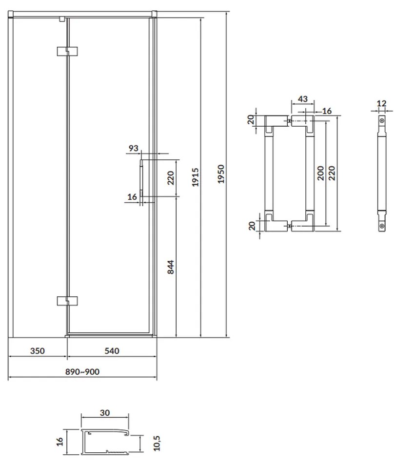 Usa sticla dus batanta 90x195 cm profil crom Cersanit Larga, montare stanga 900x1950 mm, Stanga, Crom lucios