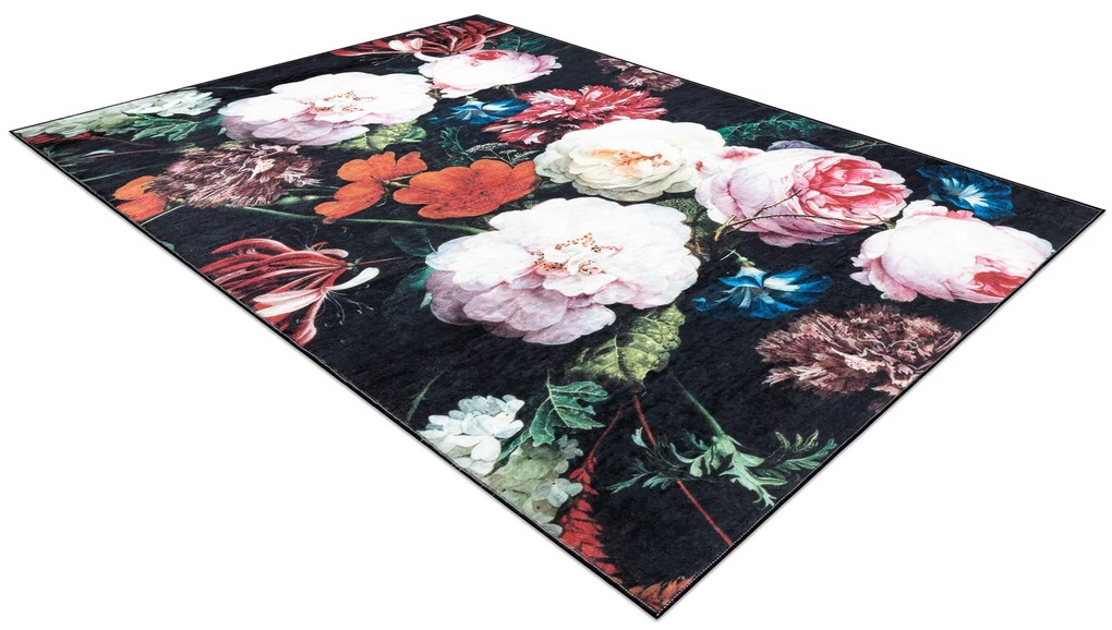 ANDRE 1629 covor lavabil flori vintage anti-alunecare - fekete si roz