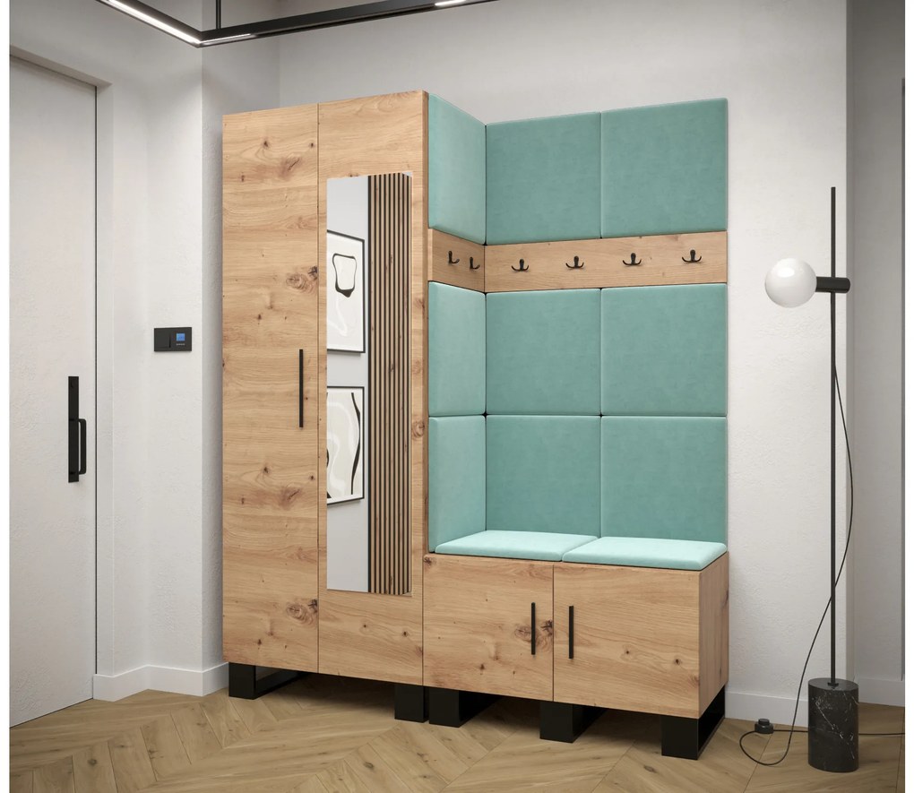 Set mobilier pentru hol Amanda 14 (Stejar artisan + verde). 1085976
