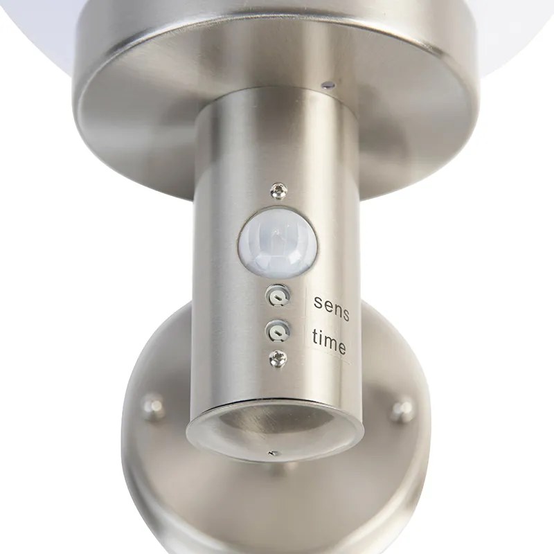 Lampă de perete de exterior din inox IP44 cu senzor de mișcare și glob din plastic - Sfera