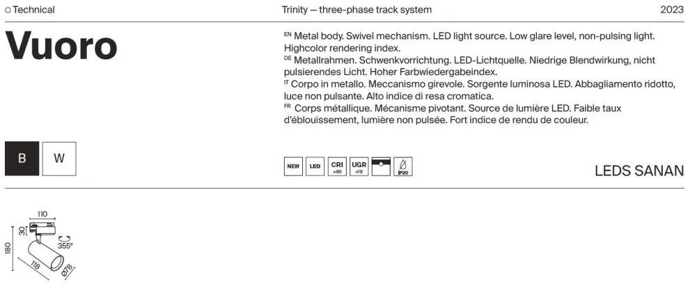 Spot LED, accesoriu pentru sinele trifazate Trinity, Vuoro alb 3000K 20W