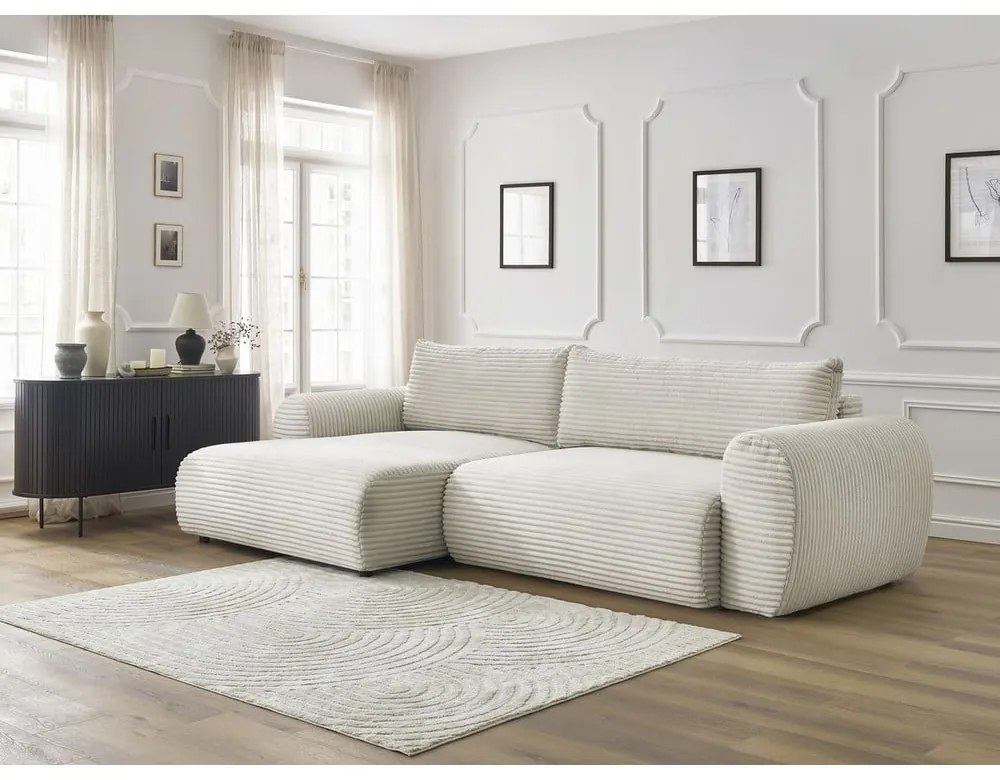 Colțar crem extensibil cu tapițerie din catifea reiată (cu colț pe partea stângă ) Lucien – Bobochic Paris