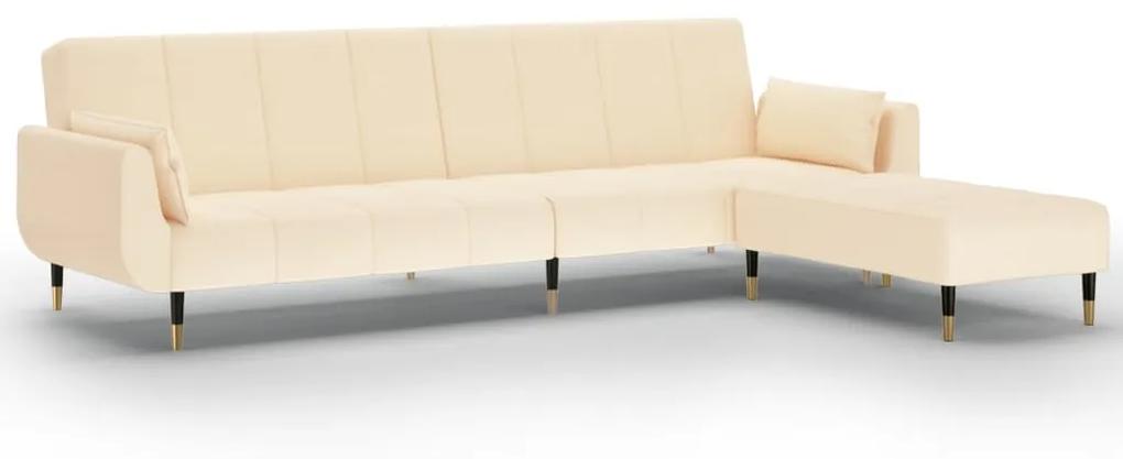 Canapea extensibila cu 2 locuri,taburet2 perne,catifea,crem Crem, Cu scaunel pentru picioare