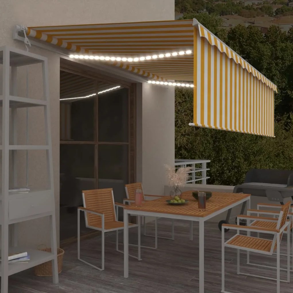 vidaXL Copertină retractabilă automat stor&amp;LED&amp;senzor galben&amp;alb, 5x3m
