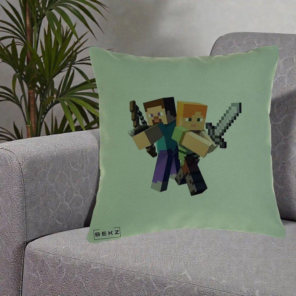 Perna Personalizata Minecraft Steve si Alex, 40x40 cm, Verde, Husa Detasabila, Perna Inclusa, BEKZ®