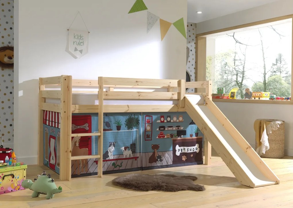 Perdea de joacă cu tema PET SHOP pentru pat semi-supraetajat pentru copii PINO, albastru – Vipack