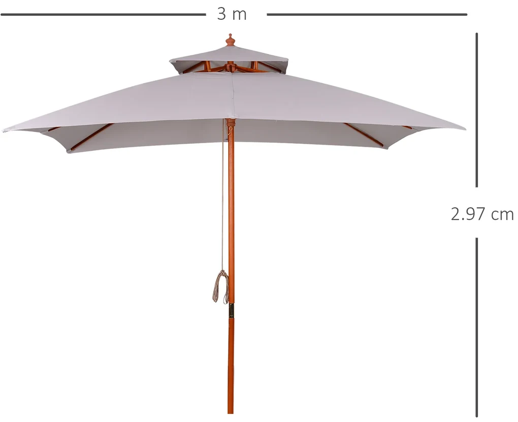 Outsunny Umbrelă de Grădină cu Sistem cu Coardă și Parasolar cu 2 Niveluri, 300x300x297 cm, Gri | Aosom Romania