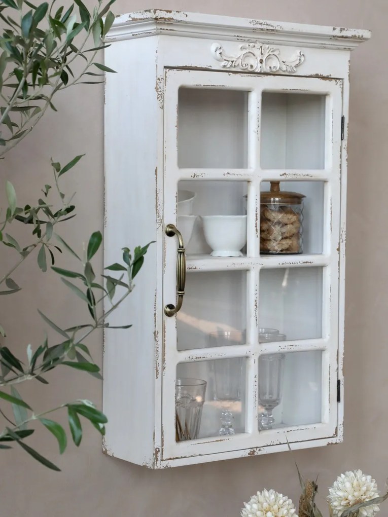 Dulap de perete shabby chic, alb antichizat, cu 2 polițe și ușă din sticlă
