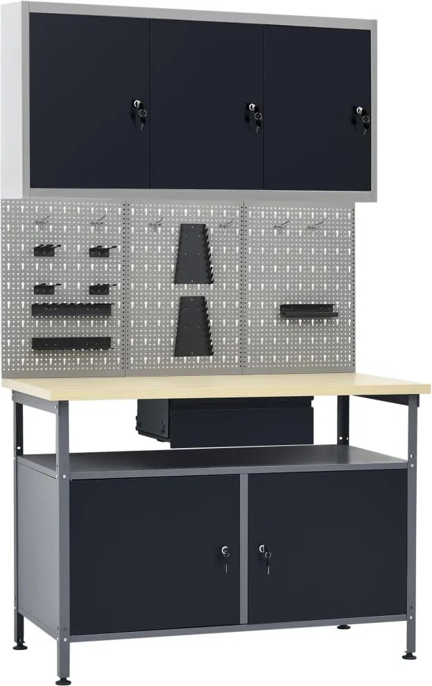 vidaXL Banc de lucru cu trei panouri de perete și un dulap