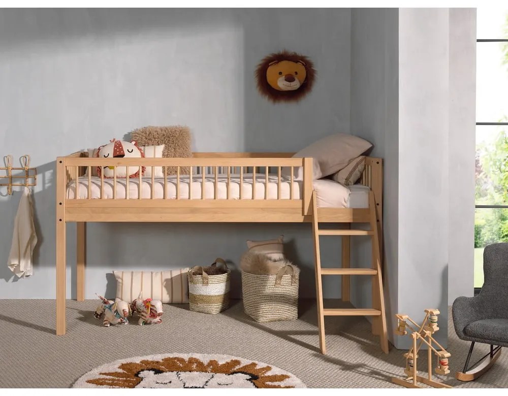 Pat pentru copii în culoare naturală înalt din lemn de stejar 90x200 cm Forrest – Vipack