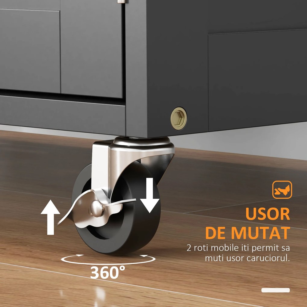 HOMCOM Cărucior de Bucătărie cu Suport pentru Sticle, 3 Uși, 4 Roți și Sertar, Dulapior de Bucătărie, 67x37x87 cm, Negru | Aosom Romania