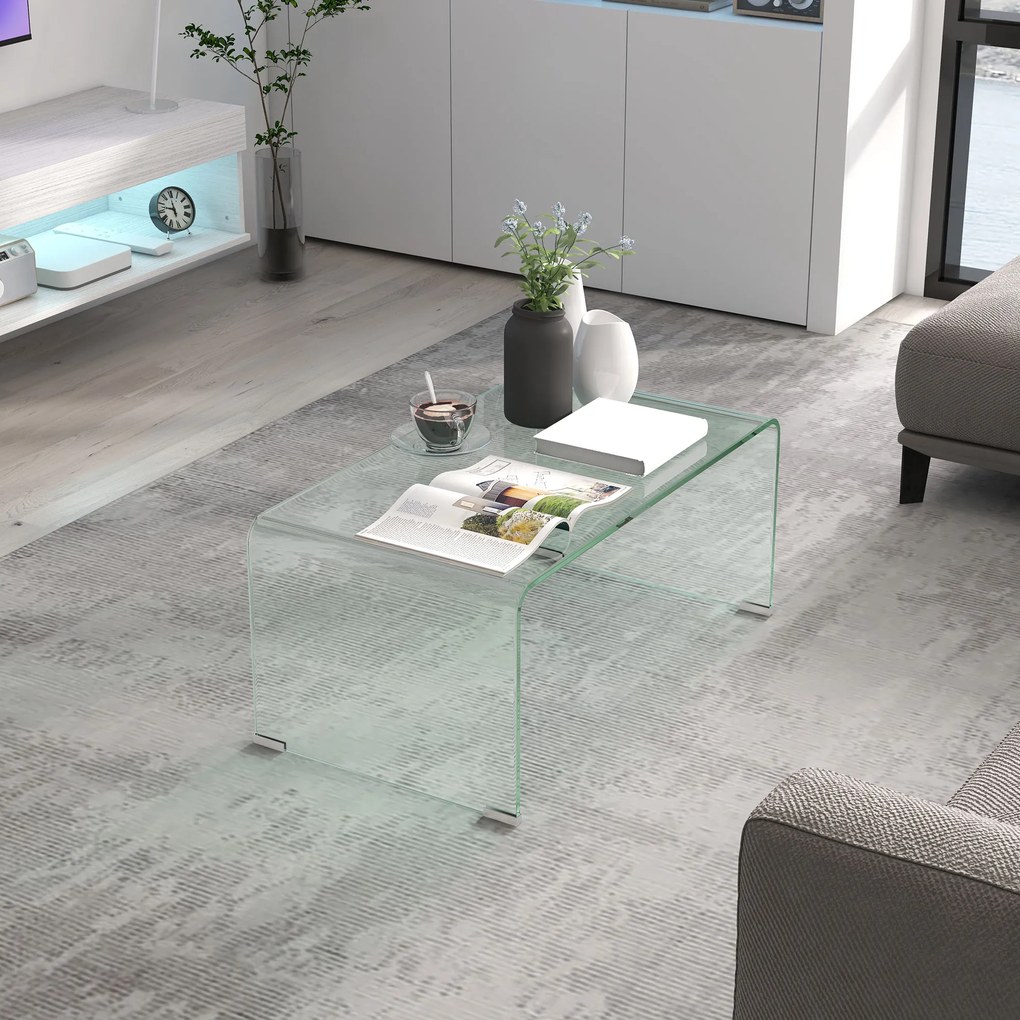 HOMCOM Masa de cafea din sticlă masă de salon rectangulară design modern din sticlă temperată cu margini rotunjite sigure transparent | Aosom Romania