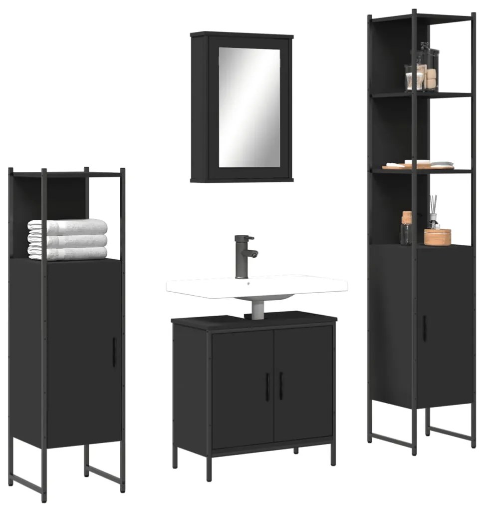 vidaXL Set mobilier de baie, 4 piese, negru, lemn prelucrat