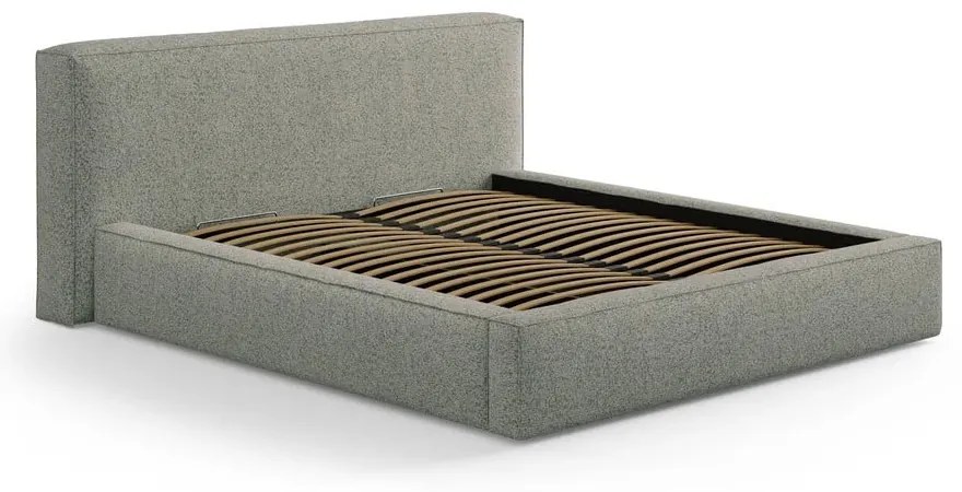 Pat matrimonial verde tapițat cu spațiu de depozitare cu somieră 200x200 cm Simon Olivia – Micadoni