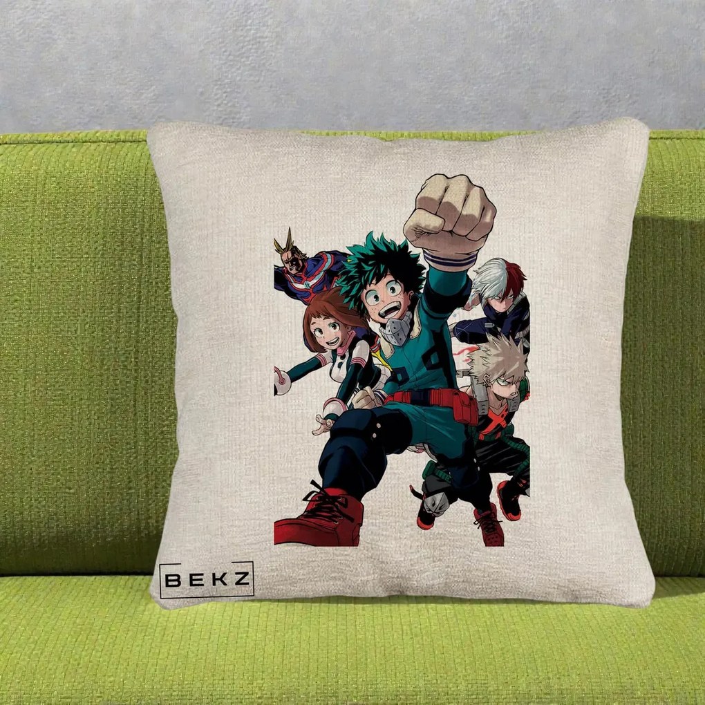 Perna Personalizata My Hero Academia Izuku Deku si Echipa, 40x40 cm, Bej Canapea, Husa Detasabila, Perna Inclusa, BEKZ®