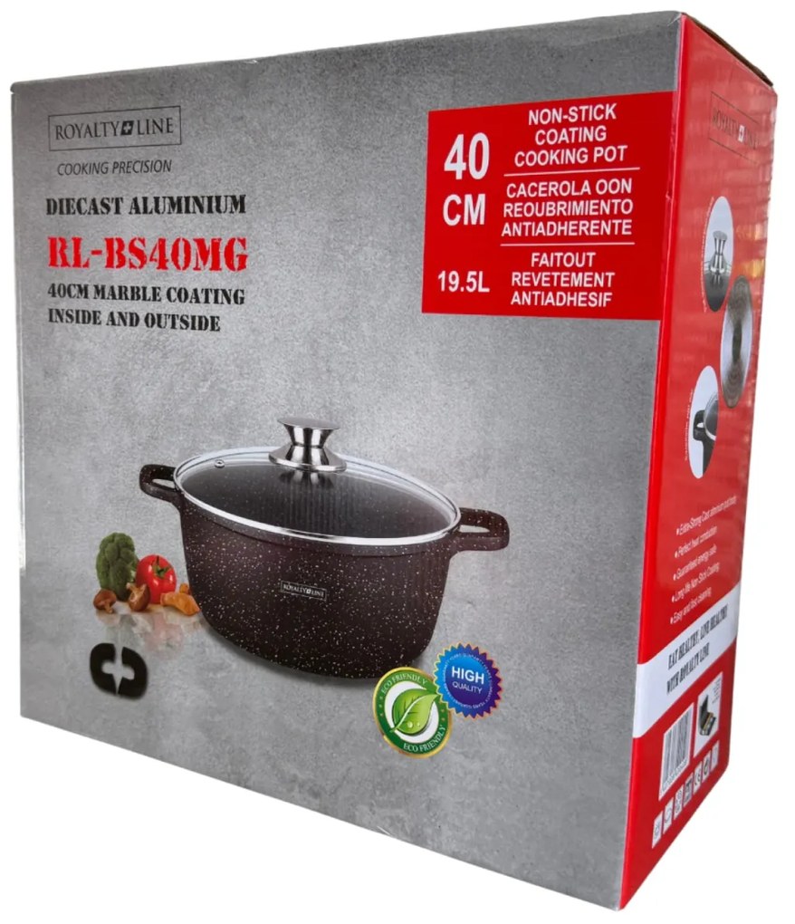 Oala mare, 19.5 L, 40 cm, tip cratita marmorata, antiaderenta, neadeziva, cu capac, curatare usoara Royalty Line BS40MG, pentru zacusca, gemuri