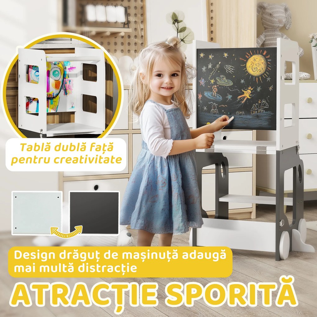 AIYAPLAY Scara Montessori 4 în 1 pentru Copii cu 2 Table și Set Masă și Scaun, din Lemn, 58x46x92 cm, Alb | Aosom Romania