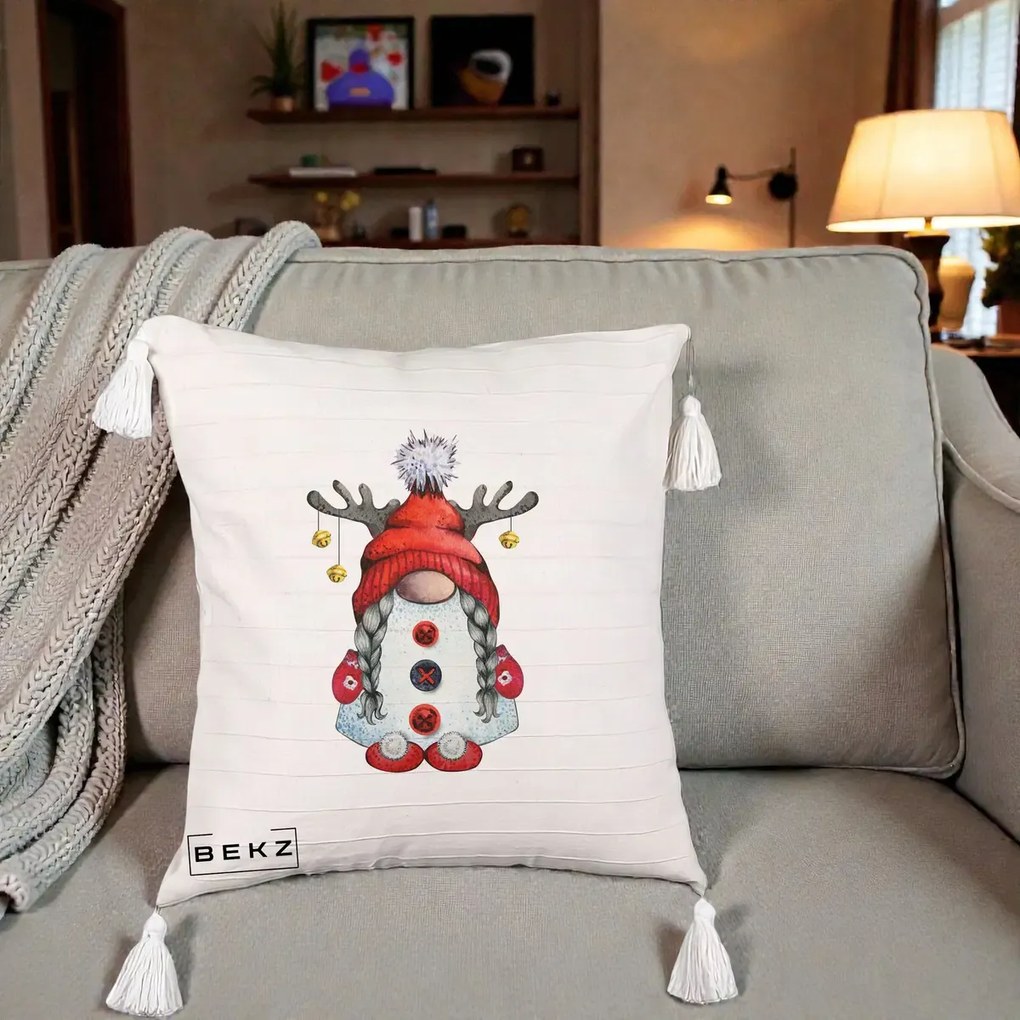 Perna Decorativa Pitic Gnom Craciun cu Coarne de Ren, 40x40 cm, Bej cu Franjuri, Husa Detasabila, Perna Inclusa, BEKZ®