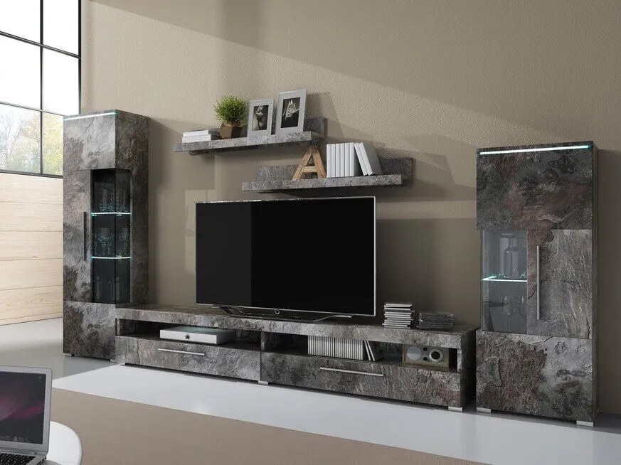 Mobilă pentru sufragerie Austin AF102Beton închis la culoare, Cu comodă tv, Cu componente suplimentare, Părți separate, Sticlă, PAL laminat, 160x290x40cm