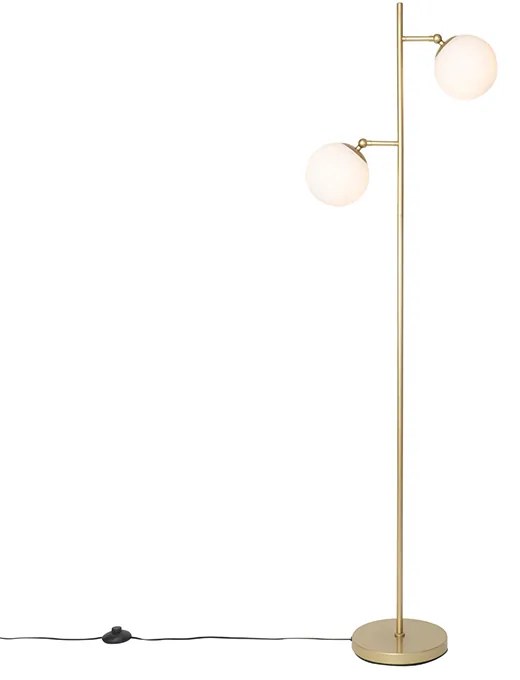 Lampa de podea Art Deco aurie cu sticlă opalescentă cu 2 lumini - Pallon