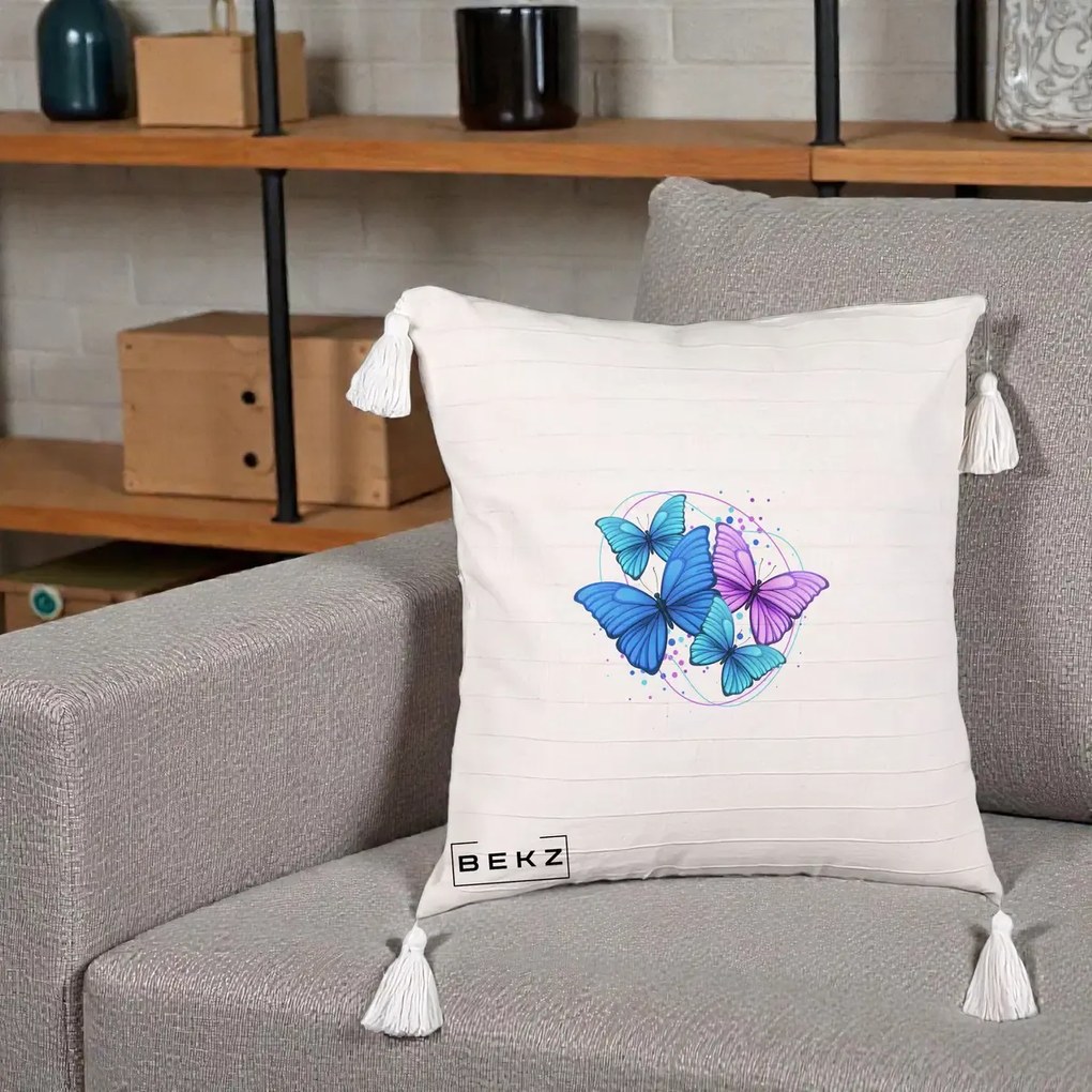 Perna Decorativa Patru Fluturi Turcoaz-Violet, 40x40 cm, Bej cu Franjuri, Husa Detasabila, Perna Inclusa, BEKZ®
