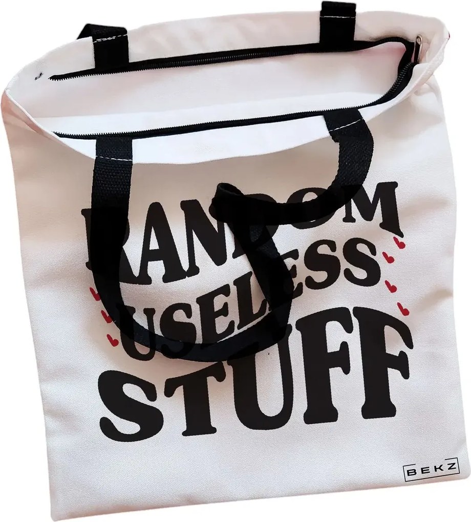 Sacosa de Panza pentru Cumparaturi, Geanta Tote, model Random useless stuff, Cu fermoar, 38x34.5 cm, Alba, BEKZ®