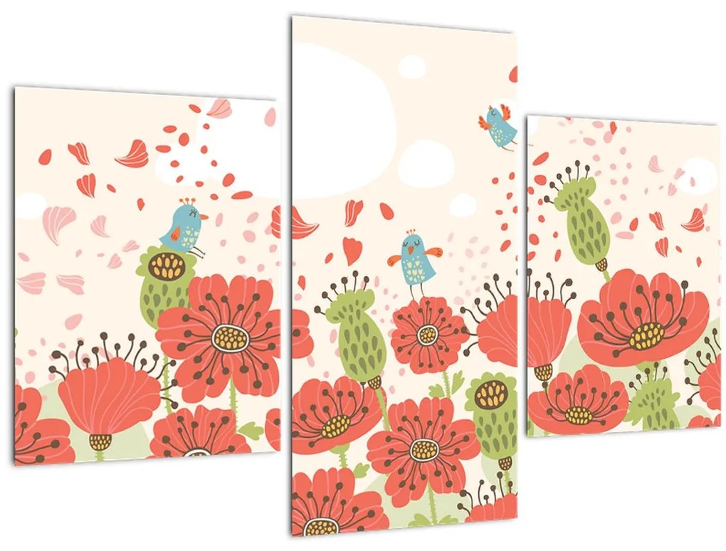 Tablou - Păsări pe o pajiște înflorită (90x60 cm)