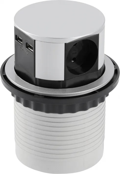 Priză încorporabilă în blat Comfort GTV, 3 prize Schuko, 2 x USB A, aluminiu, D:100 mm Aluminiu/ plastic, Aluminiu, D:100 mm