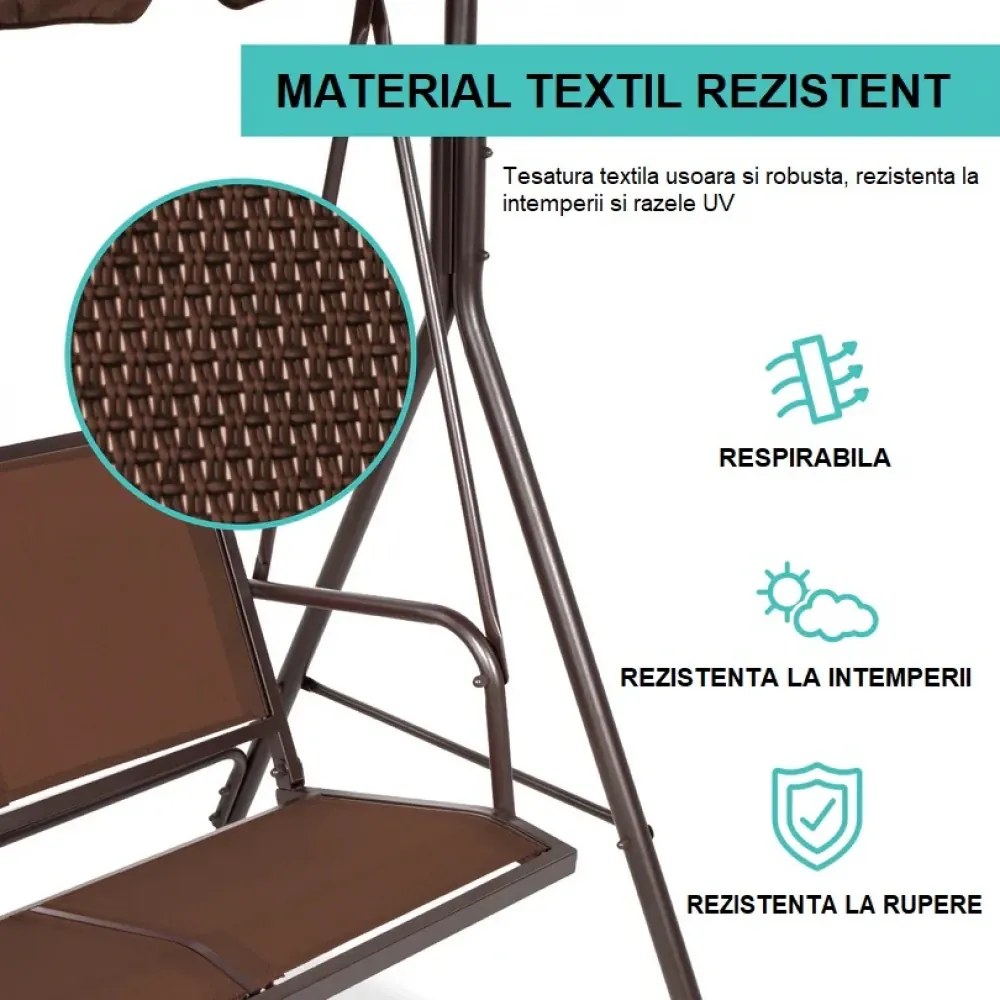 Balansoar de grădină, 3 locuri, cu baldachin și cadru din oțel, Maro