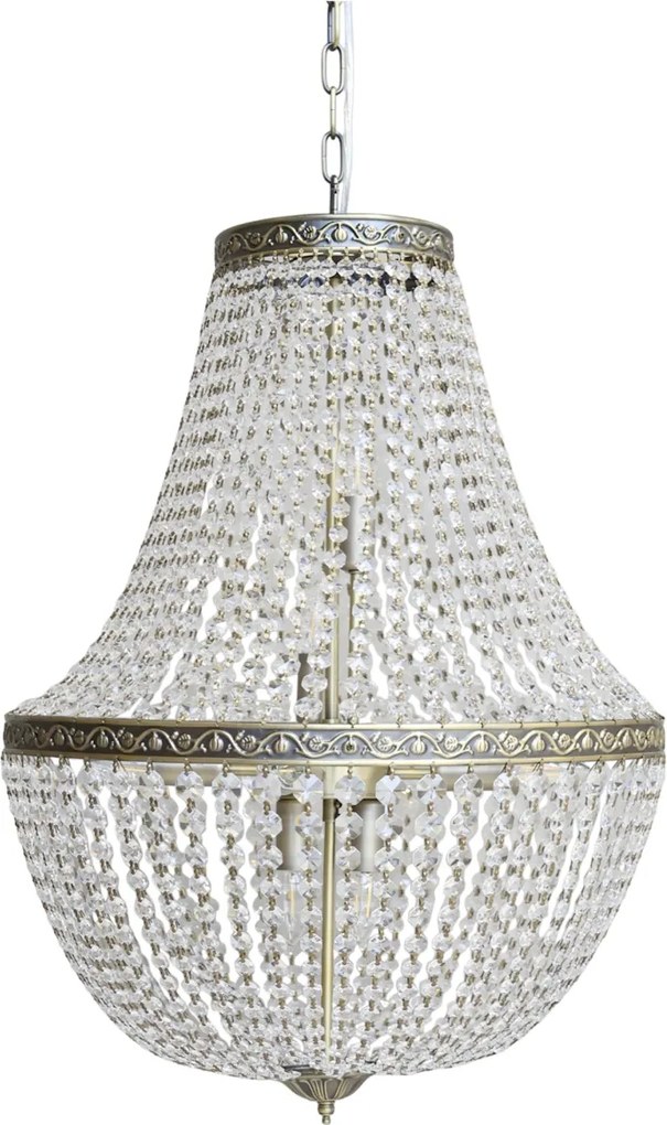 Candelabru francez din sticlă și fier, cu prisme din sticlă, finisaj alamă antichizată, H75 cm × Ø55 cm, „Versailles”