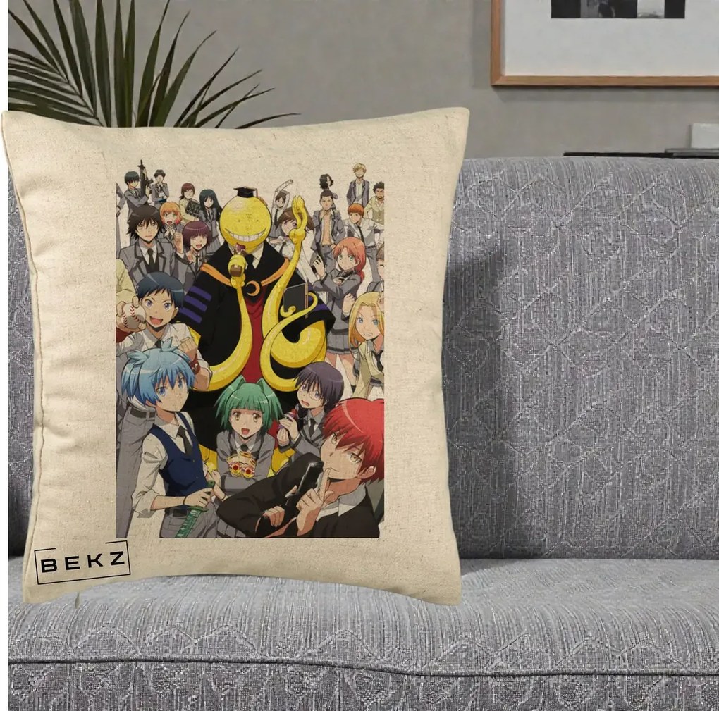 Perna Personalizata Assassination Classroom Grup Complet Anime, 40x40 cm, Bej, Husa Detasabila, Perna Inclusa, BEKZ®