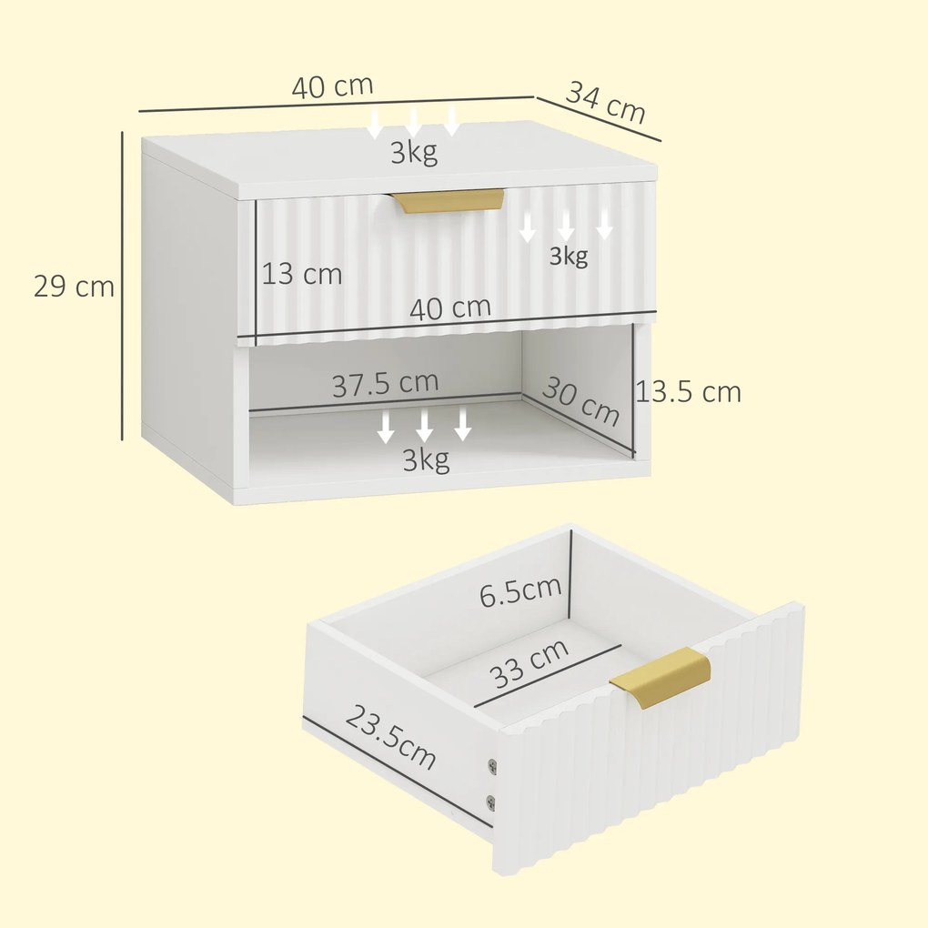 HOMCOM Set de 2 Noptiere Suspendate cu Panouri Canelate, Sertar și Raft, 40x34x29 cm, Alb | Aosom Romania