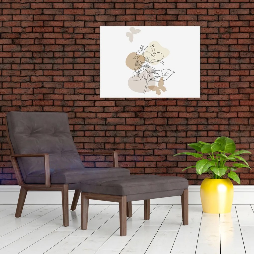 Tablou pe sticlă - Flori bej cu fluture N⁰1 (70x50 cm)