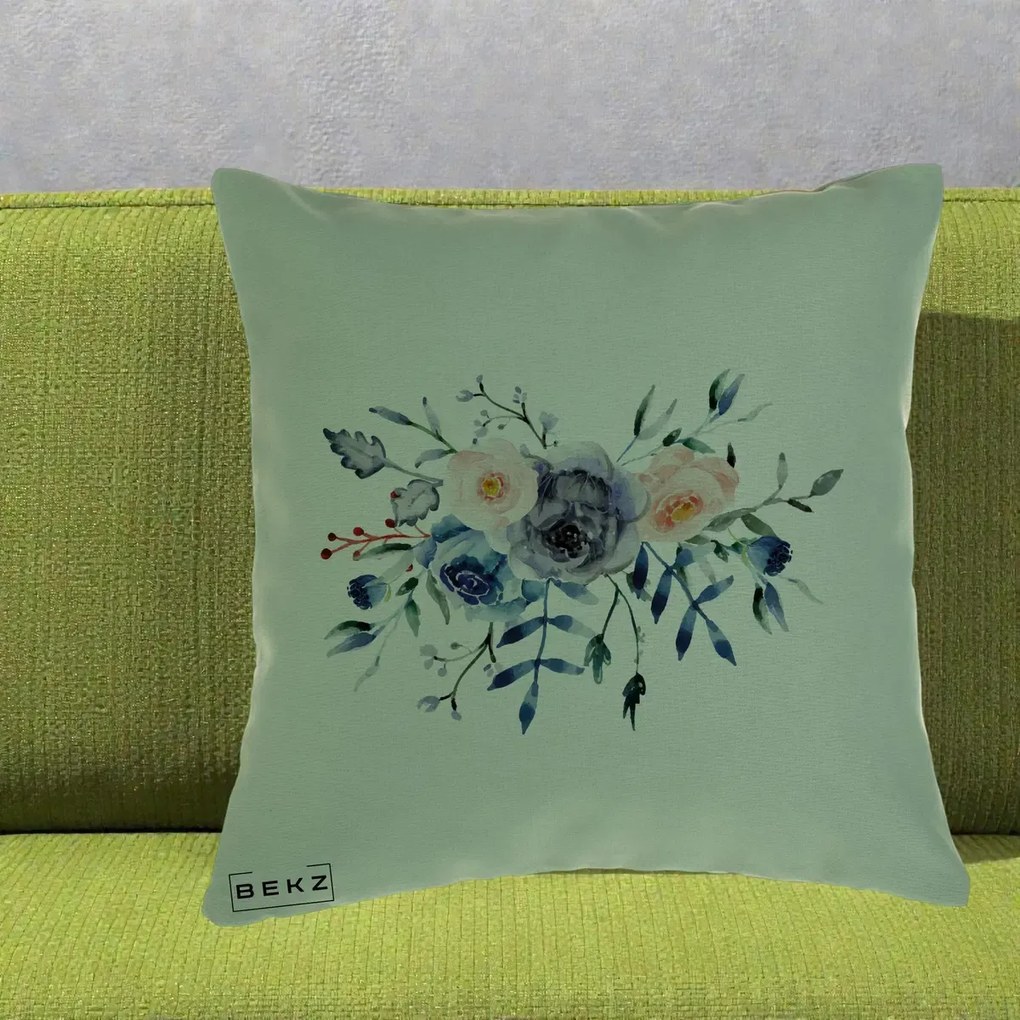 Perna Decorativa Buchet Flori Albastre Acuarela, 40x40 cm, Verde, Husa Detasabila, Perna Inclusa, BEKZ®