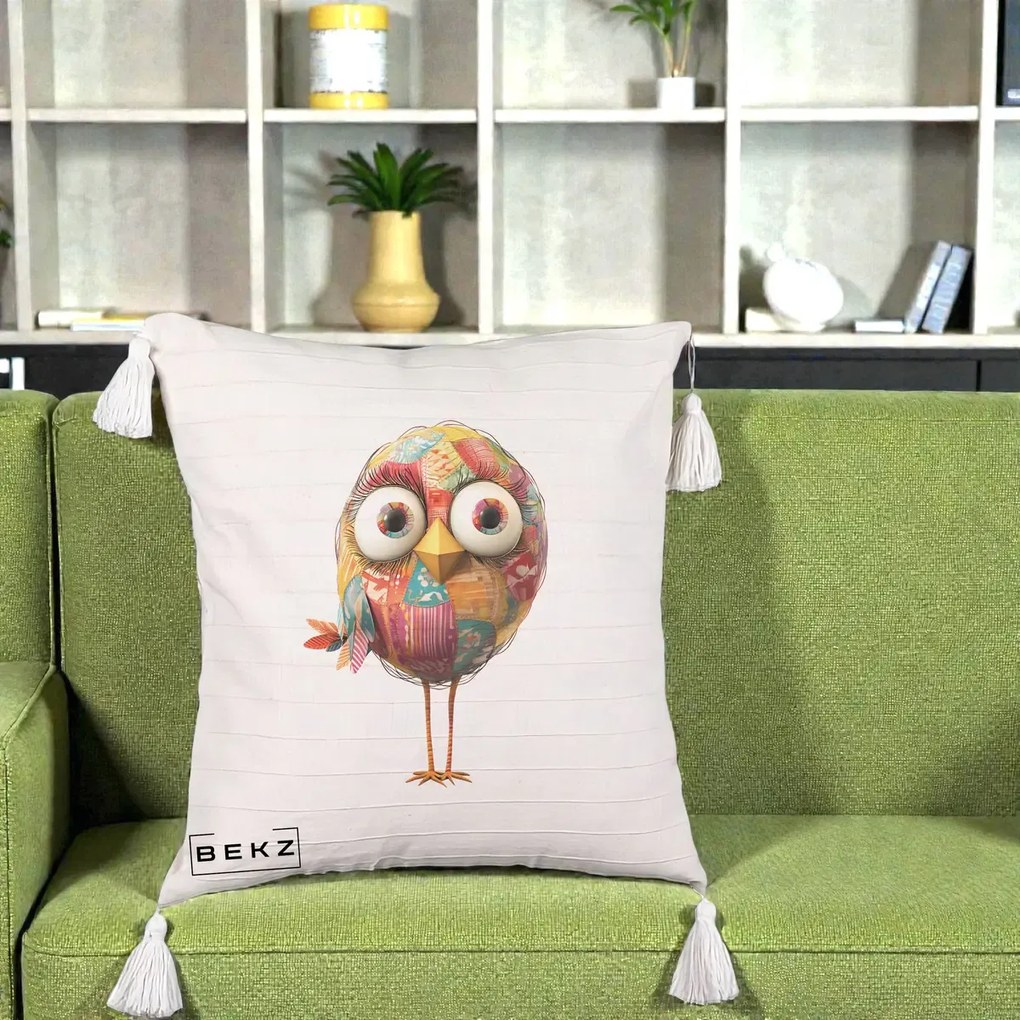 Perna Decorativa Pasare Patchwork cu Gene Lungi, 40x40 cm, Bej cu Franjuri, Husa Detasabila, Perna Inclusa, BEKZ®