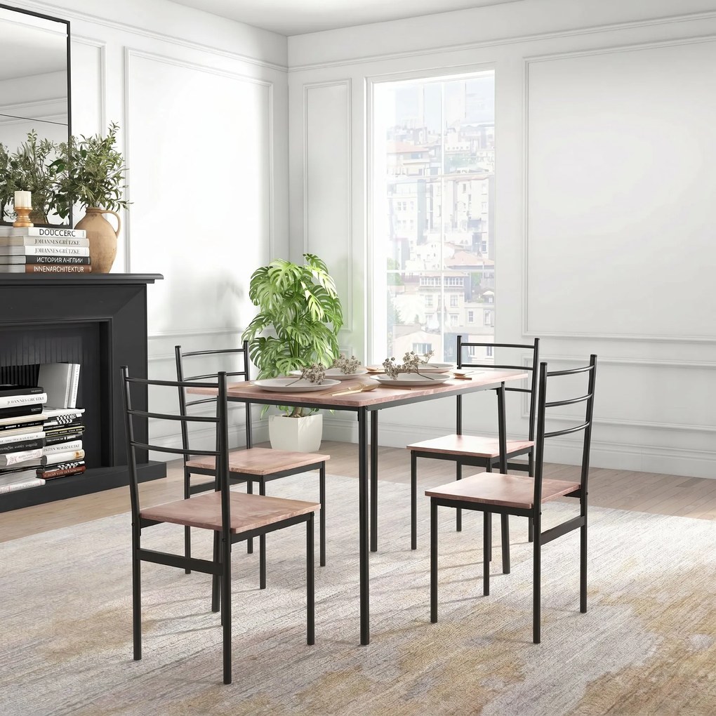 HOMCOM Set din 5 Piese cu Masă de Bucătărie Dreptunghiulară și 4 Scaune Moderne din MDF și Oțel, 110x70x75 cm , Maro | Aosom Romania