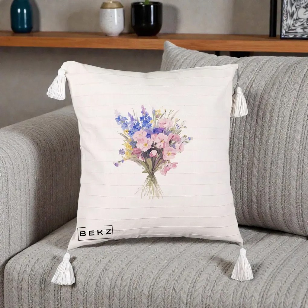 Perna Decorativa Buchet Floral Acuarela Primavara, 40x40 cm, Bej cu Franjuri, Husa Detasabila, Perna Inclusa, BEKZ®