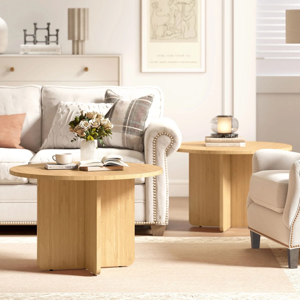 HOMCOM Masă de cafea rotundă, masă de living din bambus cu picior în cruce, natural | Aosom Romania