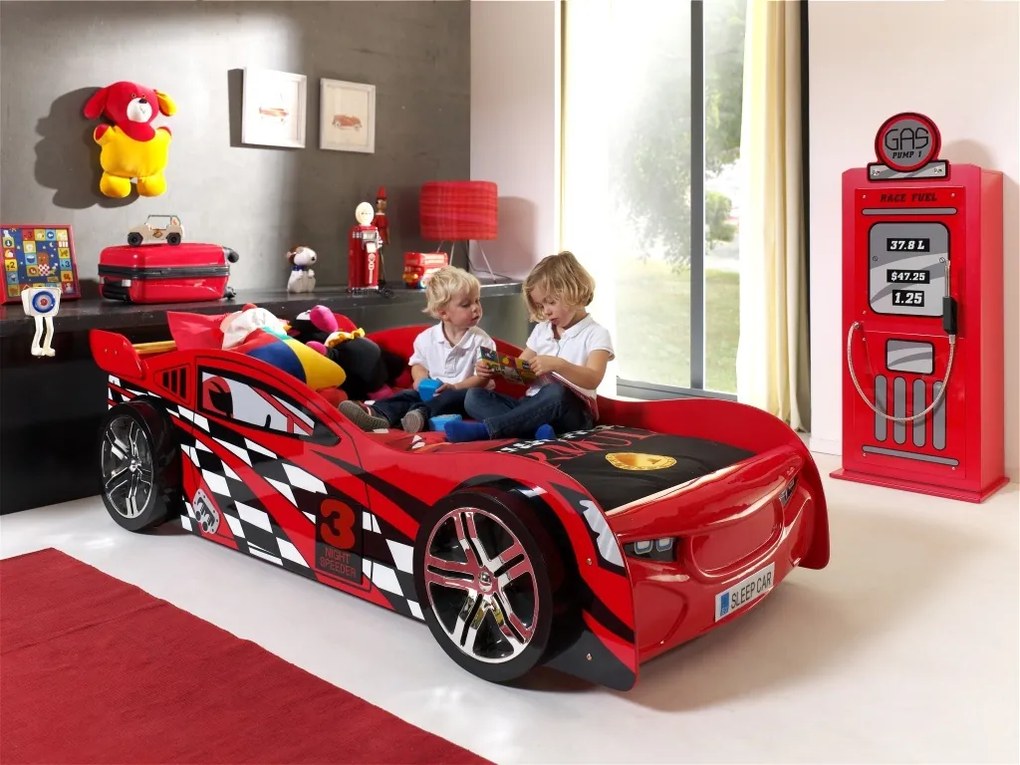 Set Cameră Auto pentru Copii: Pat Mașină de Curse NIGHT SPEEDER și Dulap Benzinărie, 2 Piese, Roșu (MDF) – Vipack