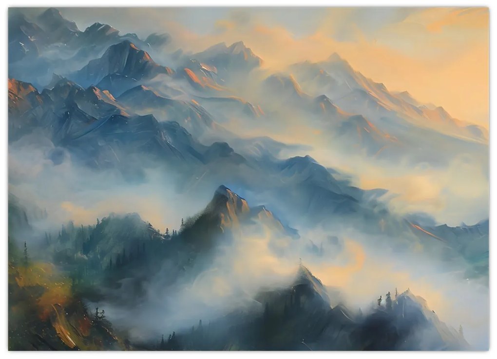 Tablou pe sticlă - Peisaj montan pictat (70x50 cm)