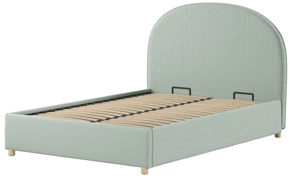 Pat tapițat pentru copii MOON, 140 x 200 cm, verde, cu țesătură bouclé și spațiu de depozitare – Vipack