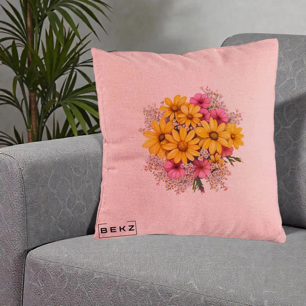 Perna Decorativa Floarea-Soarelui cu Cosmos Roz si Gypsophila, 40x40 cm, Roz, Husa Detasabila, Perna Inclusa, BEKZ®