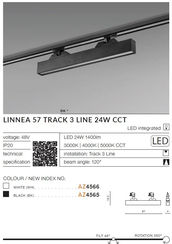 Spot LED directionabil pe sina LINNEA 57 TRACK 3Line CCT 24W negru